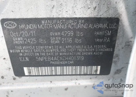 2012 Hyundai Sonata Gls z USA, uszkodzony, nr VIN 5NPEB4ACXCH401319